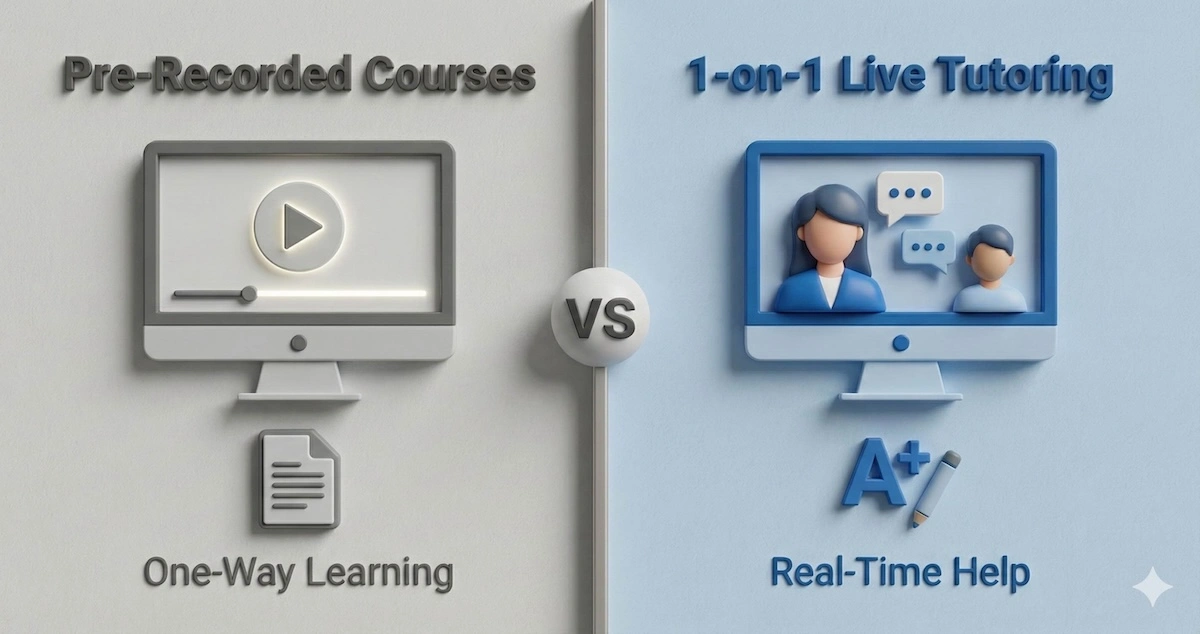 Split screen illustration comparing FutureLearn's pre-recorded video lessons vs My Engineering Buddy's live 1-on-1 tutoring.