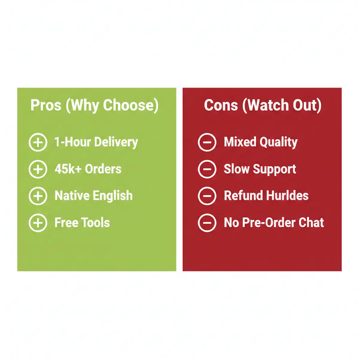 Pros and cons of GradeMiners summarized including 1-hour delivery speed versus inconsistent quality and slow support.