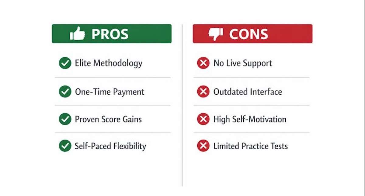 Summary infographic showing the pros and cons of Green Test Prep, highlighting its proven methodology versus the lack of live support.