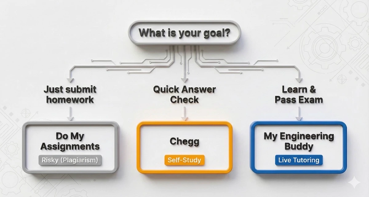 Decision tree flowchart helping students choose between assignment writing services, Q&A sites, and live tutoring.