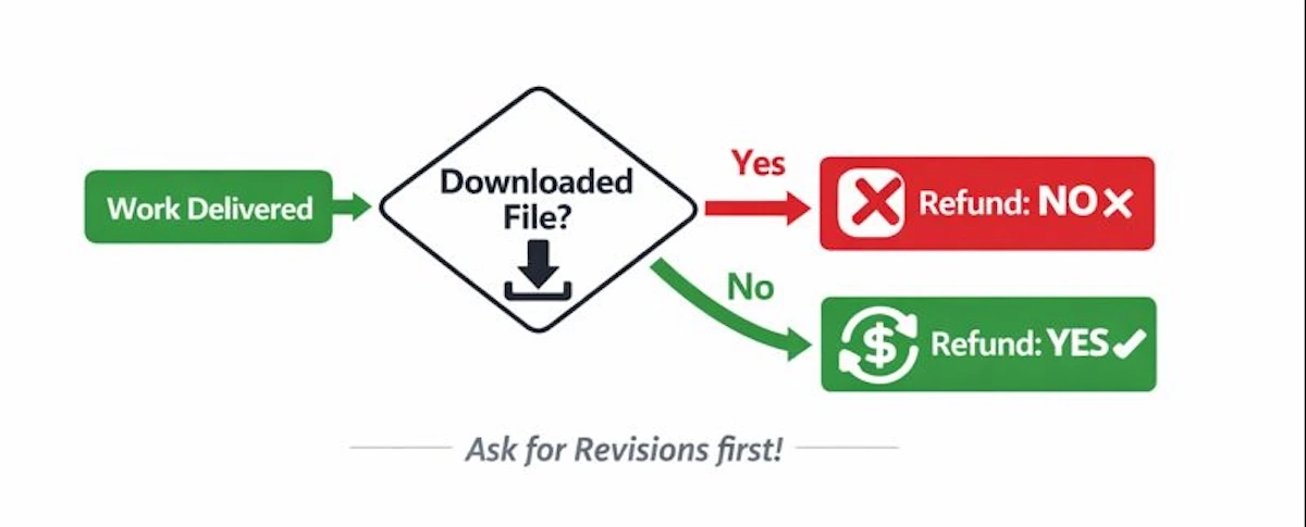 Simple refund eligibility flowchart: downloading the file typically voids the refund option on Top Homework Helpers.