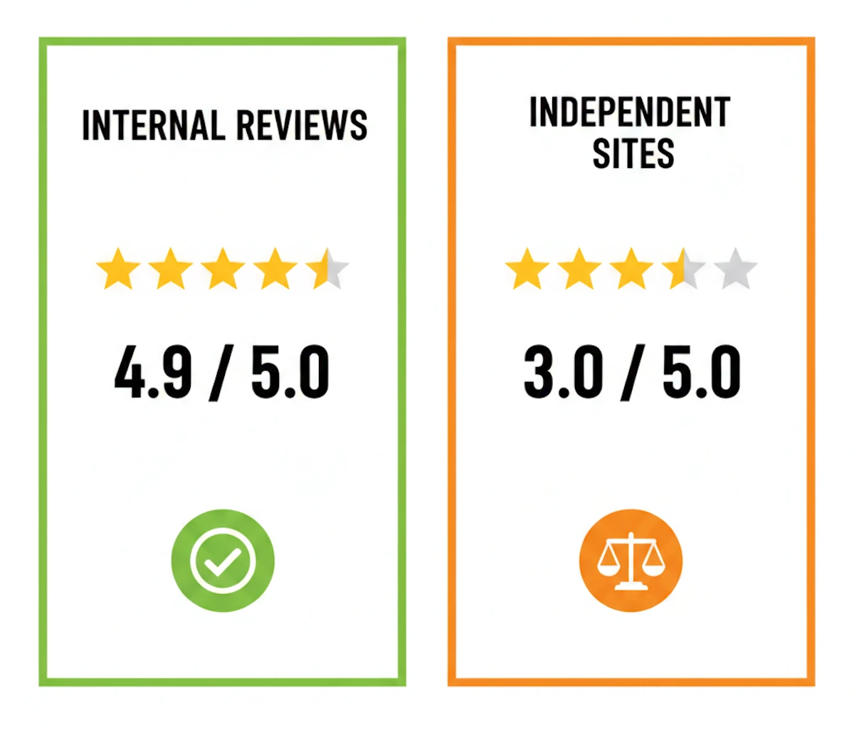 Comparison of Top Homework Helpers reviews showing 4.9 stars on official site versus 3.0 stars on independent review platforms.