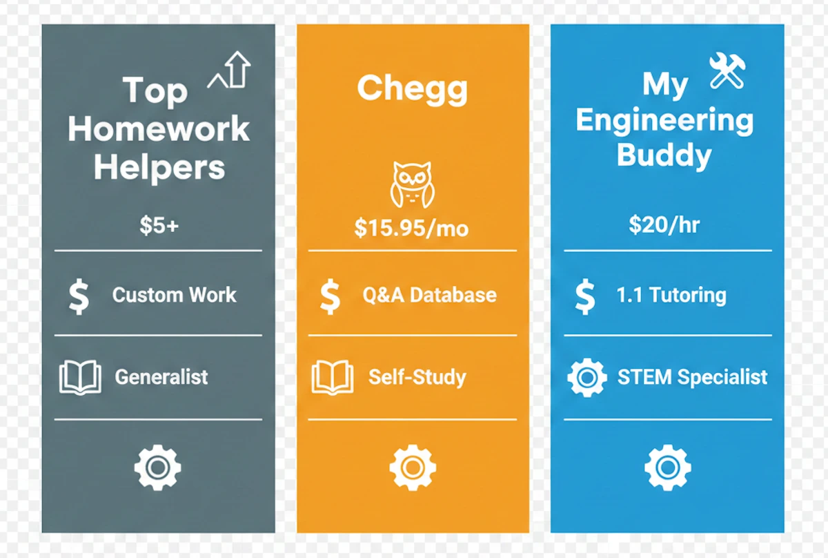 Comparison table of Top Homework Helpers, Chegg, and My Engineering Buddy based on pricing, service type, and subject focus.