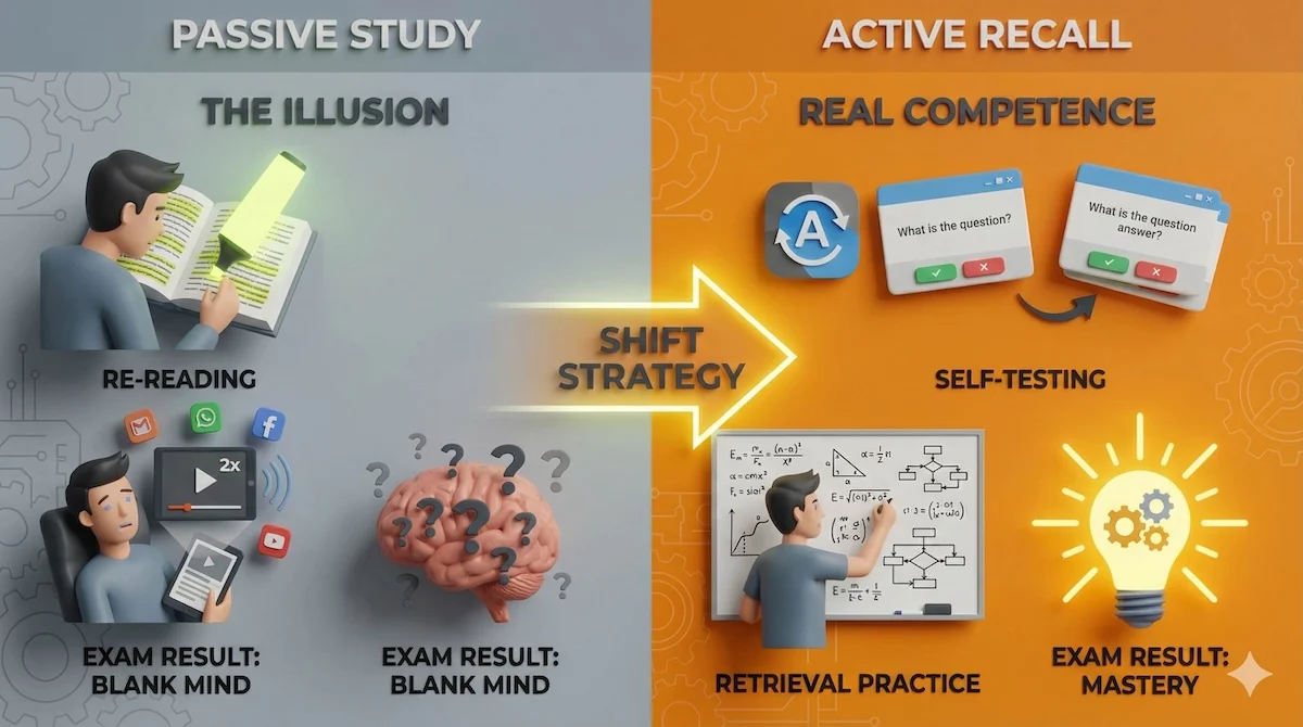Infographic comparing passive study methods like highlighting vs active recall methods like flashcards, showing active recall leads to better exam results.