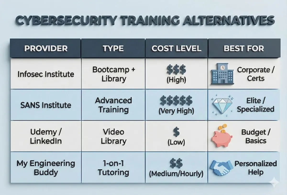 Comparison matrix of Infosec Institute alternatives: SANS (High Cost), Udemy (Low Cost), and My Engineering Buddy (Personalized Tutoring).
