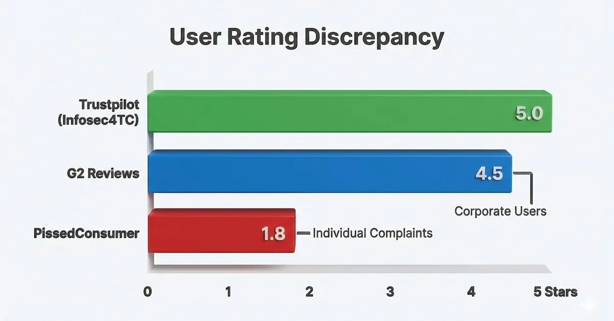 Bar chart showing Infosec Institute ratings disparity: 5.0 on Trustpilot, 4.5 on G2, but only 1.8 stars on PissedConsumer due to service complaints.