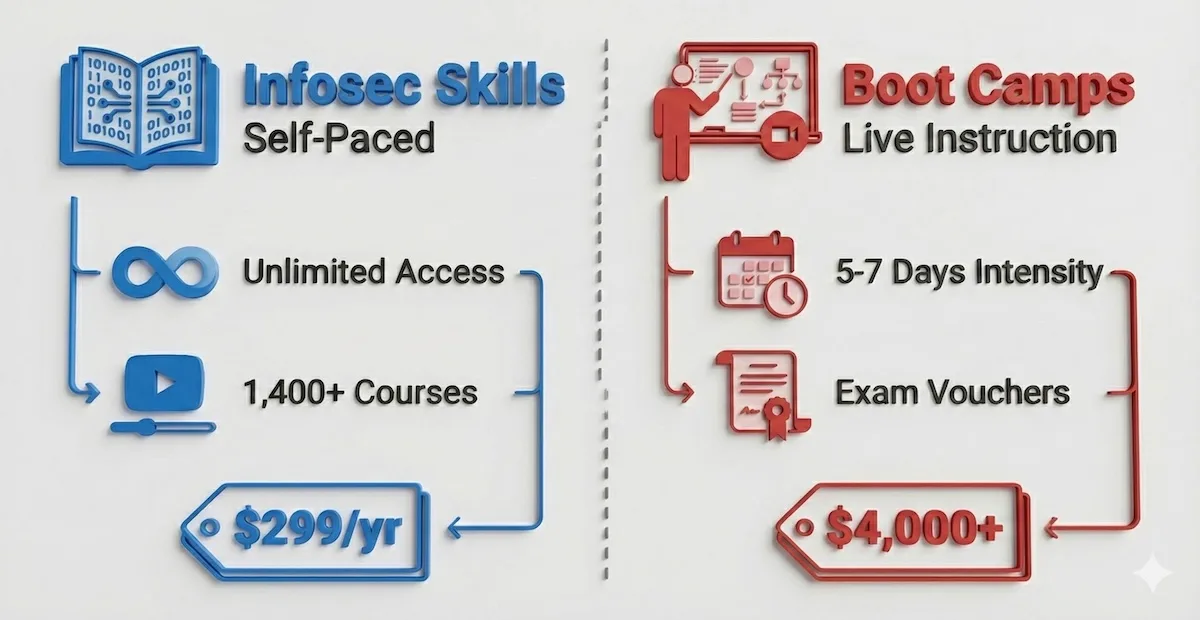 Infographic comparing Infosec Skills self-paced learning ($299/yr) versus Infosec Boot Camps live instruction ($4000+) showing features of each.