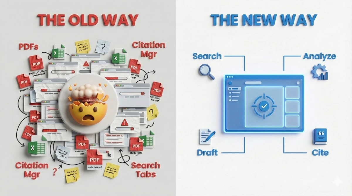 Comparison infographic showing the chaos of traditional literature reviews with multiple open tabs versus the organized single-dashboard workflow of AnswerThis.