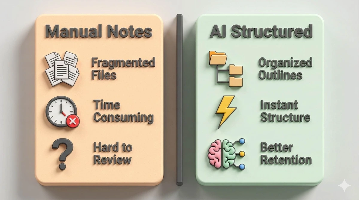 Comparison infographic showing the difference between disorganized manual notes and structured AI-generated study guides for STEM students.