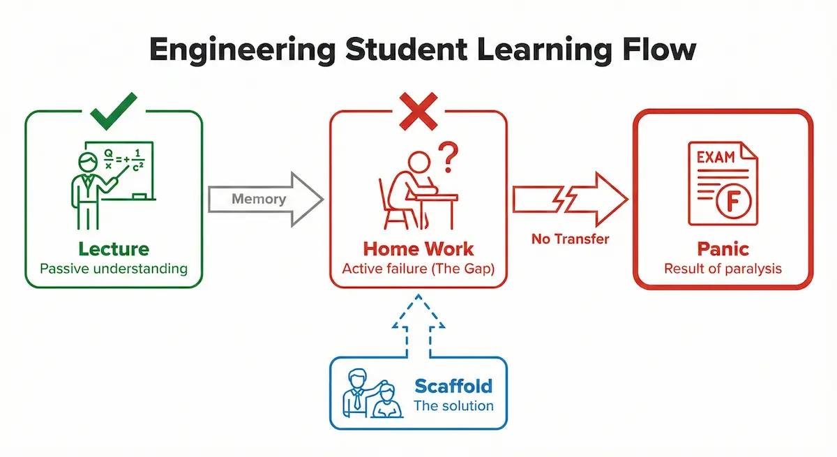 Flowchart showing the cycle of understanding lectures but freezing on homework and failing exams.
