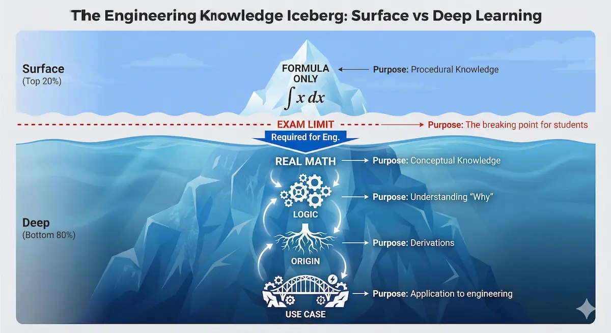 Iceberg infographic showing formulas as the tip and logic, origin, and application as the deep hidden foundation.