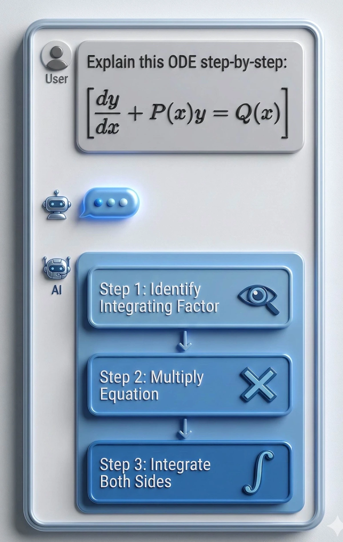 Step-by-step infographic illustrating how Studocu Ask AI breaks down complex differential equations into manageable steps.