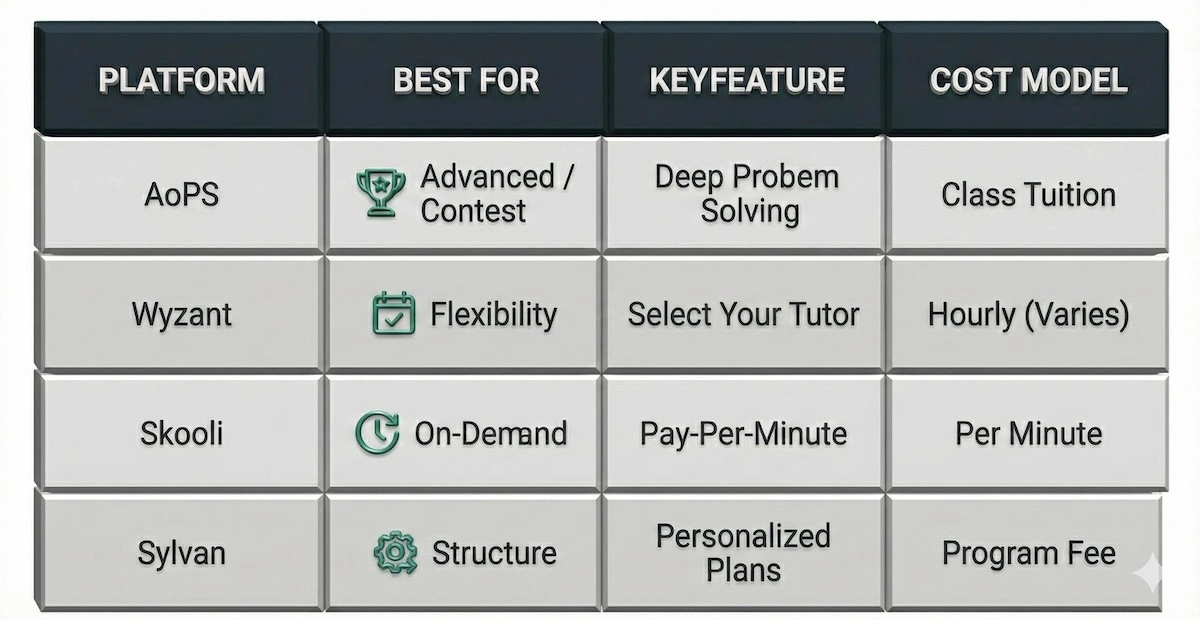 Comparison table of online math tutoring services AoPS, Wyzant, Skooli, and Sylvan showing best use cases and cost models.