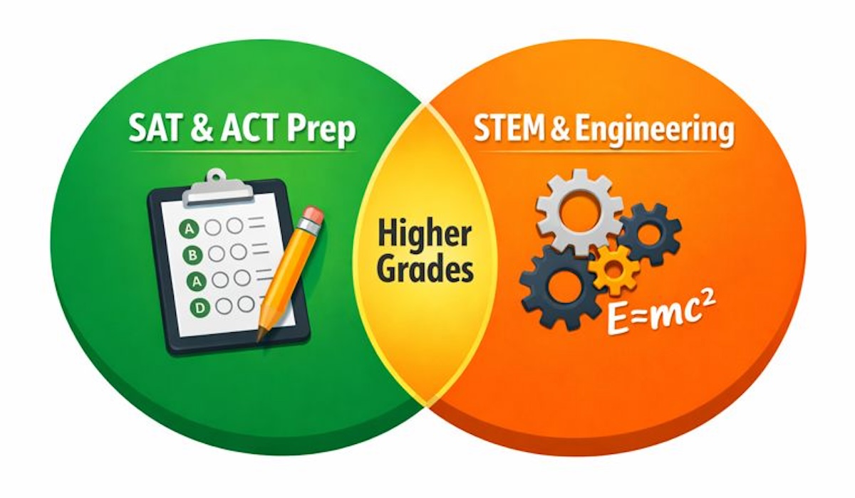 Venn diagram comparing Green Test Prep (SAT/ACT) and My Engineering Buddy (STEM/Engineering Coursework).