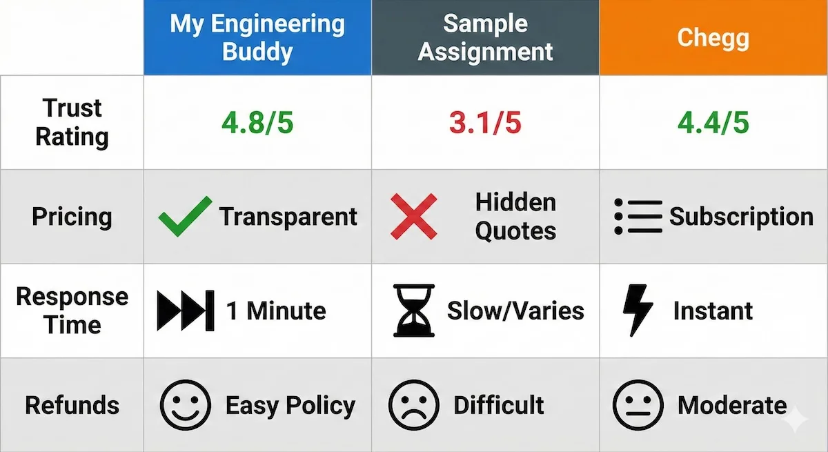 Comparison table showing My Engineering Buddy has higher ratings and faster support than Sample Assignment.