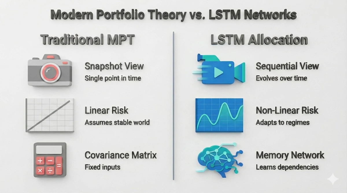 Comparison table showing Modern Portfolio Theory (static snapshots, linear risk) versus LSTM Models (sequential view, non-linear risk) for asset allocation.