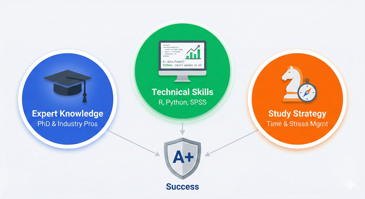 Illustration showing three benefits of online statistics help: Expert Knowledge, Technical Software Skills, and Study Strategy leading to academic success.