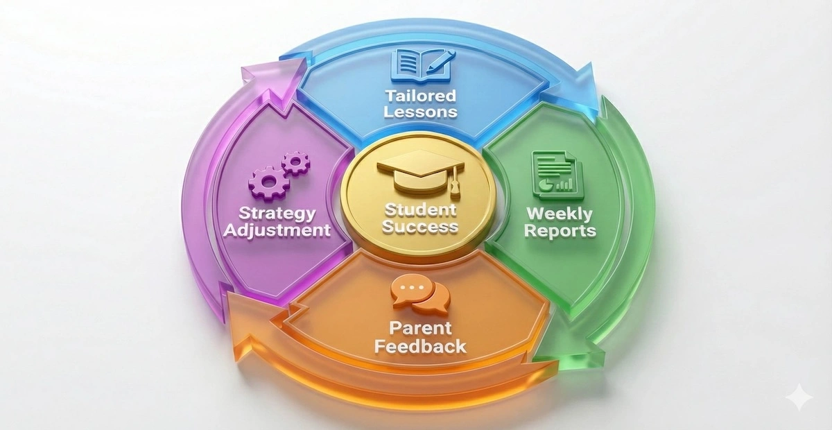 Circular diagram showing the continuous feedback loop: Tailored lessons lead to weekly reports, parent feedback, and strategy adjustments for student success.