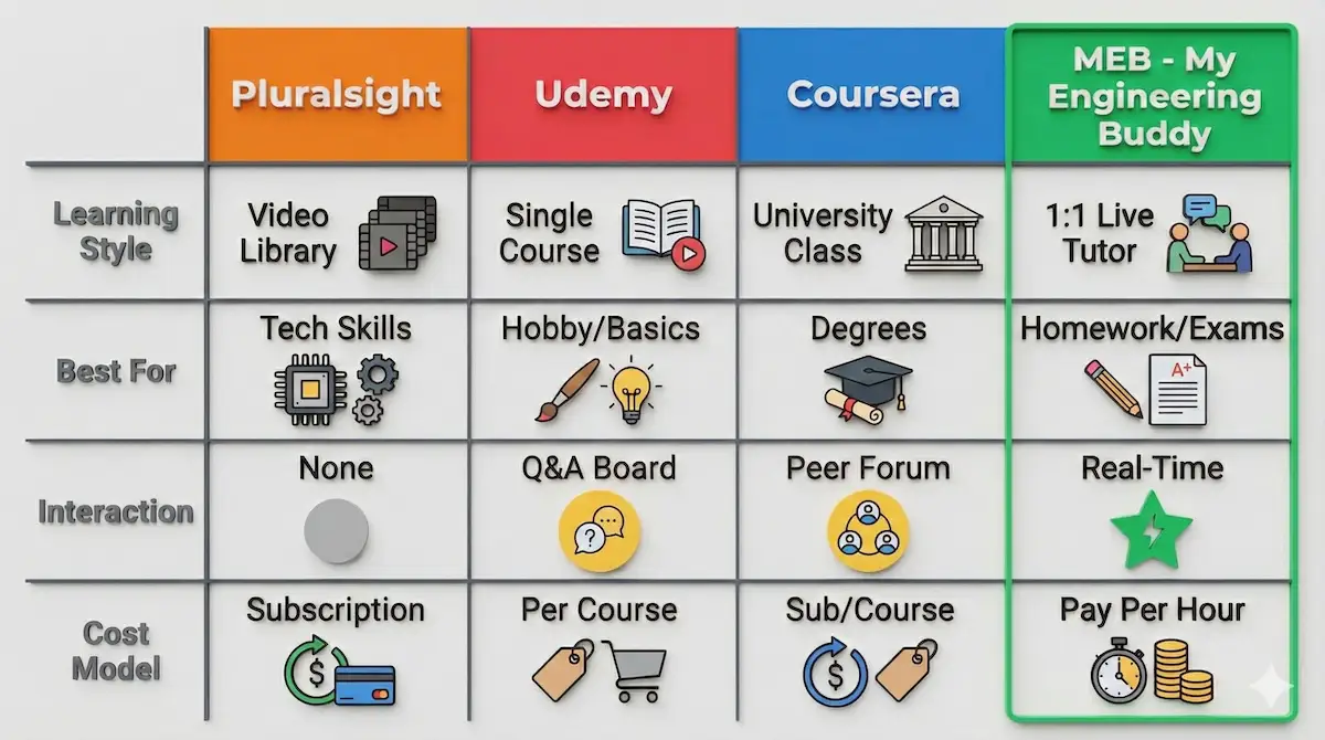 Comparison table of Pluralsight vs Udemy vs Coursera vs My Engineering Buddy showing differences in learning style, interaction, and cost.