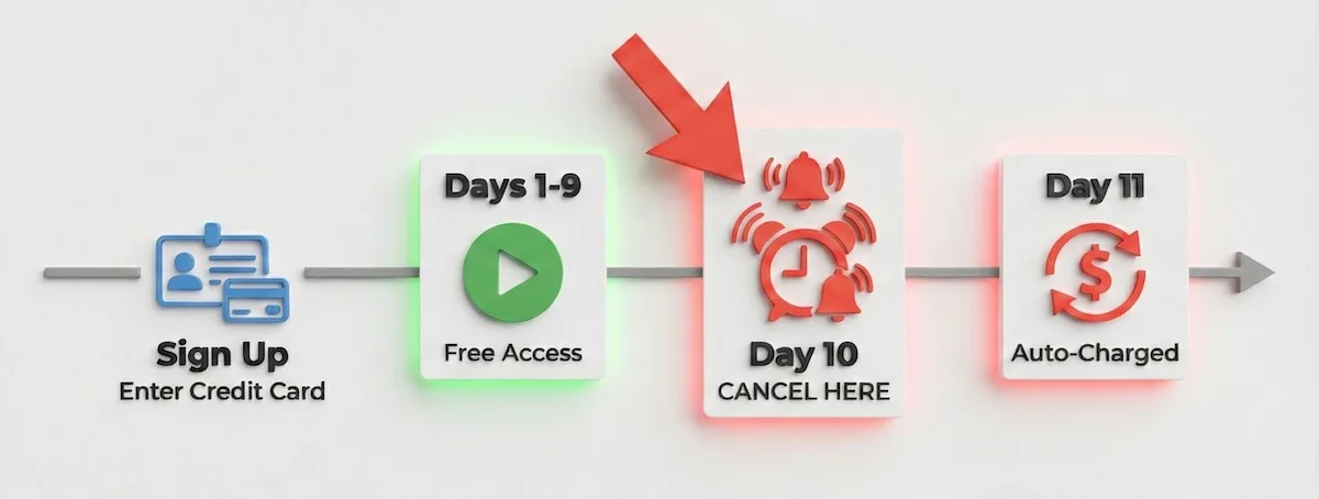 Timeline of Pluralsight free trial showing sign up, 10 days of access, and the critical deadline to cancel before auto-charge on Day 11.