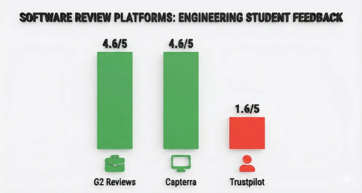 Bar chart comparing Pluralsight review scores: G2 and Capterra show high 4.6/5 ratings while Trustpilot shows a low 1.6/5 rating due to consumer complaints.