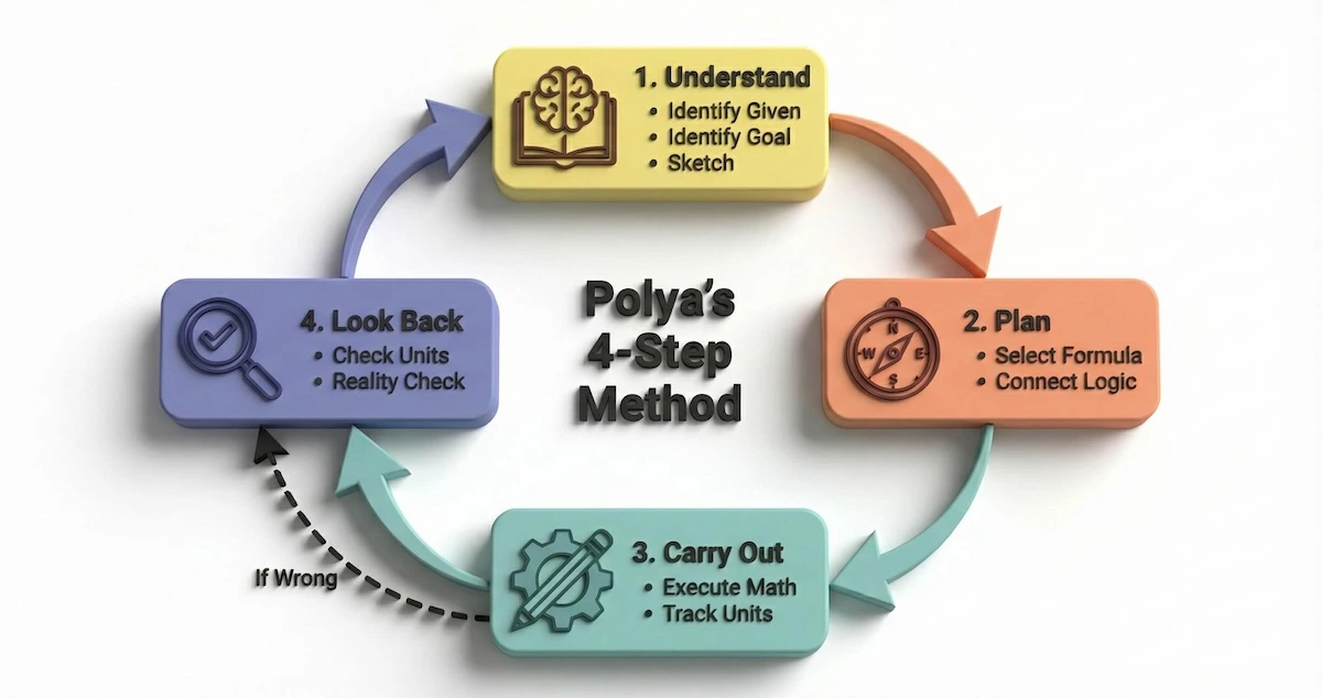 Diagram of Polya's 4-step problem solving method for physics: Understand, Plan, Carry Out, and Look Back.