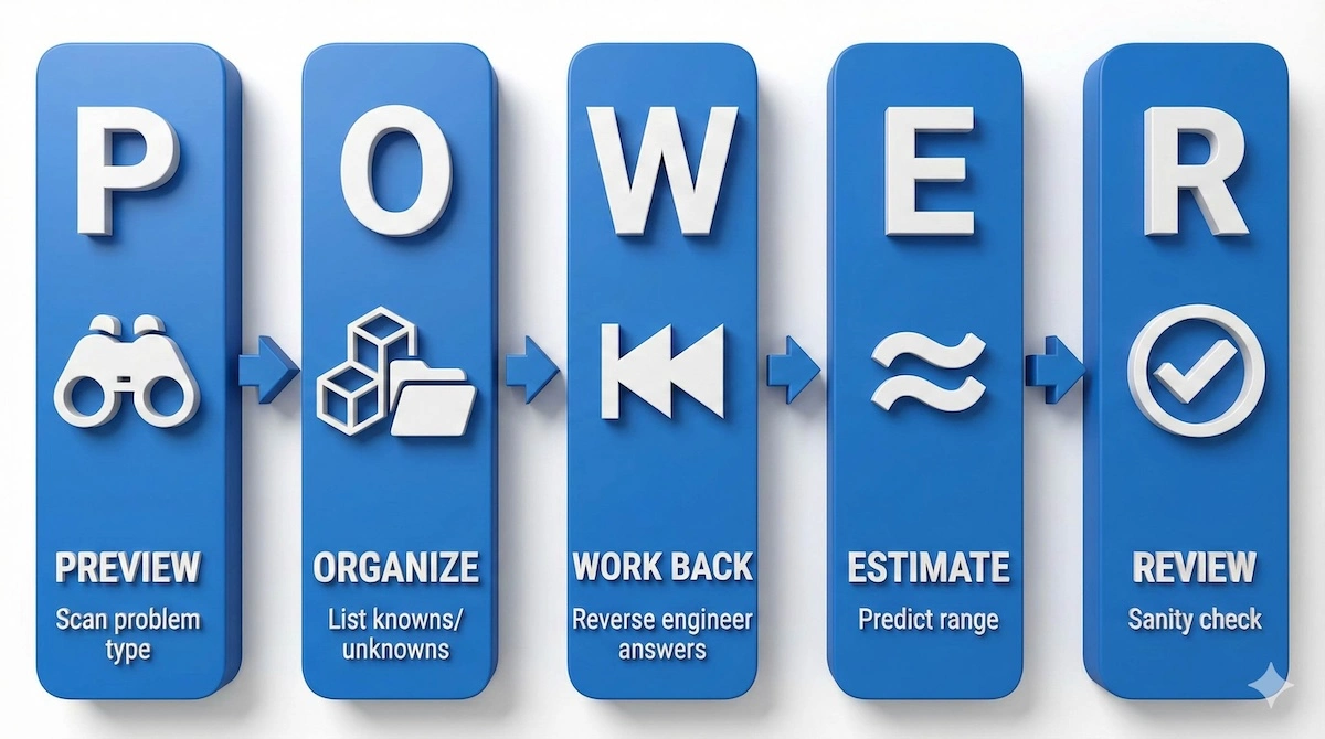 The POWER method for math problem solving: Preview, Organize, Work Backwards, Estimate, and Review steps visualized in a flow diagram.