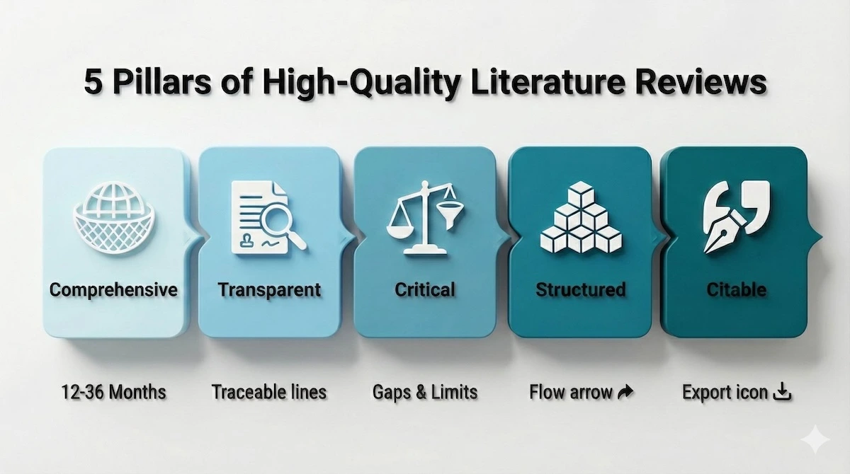 Infographic illustrating the five pillars of a high-quality literature review: Comprehensive, Transparent, Critical, Structured, and Citable.