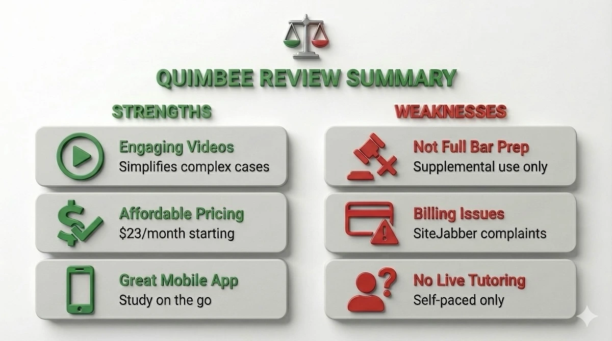 Infographic summarizing Quimbee pros and cons: Strengths include engaging videos and affordable pricing; Weaknesses include lack of live tutoring and billing issues.
