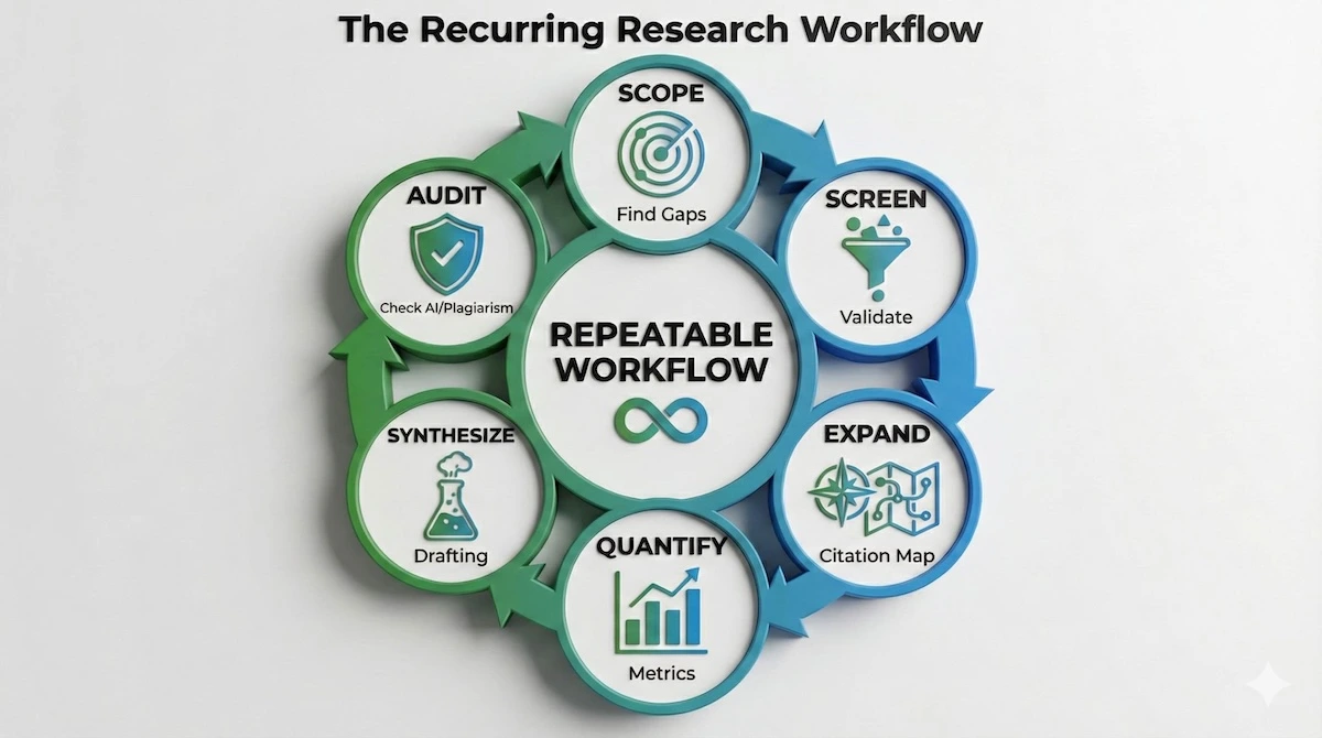 Circular workflow diagram showing the repeatable literature review cycle: Scope, Screen, Expand, Quantify, Synthesize, and Audit.