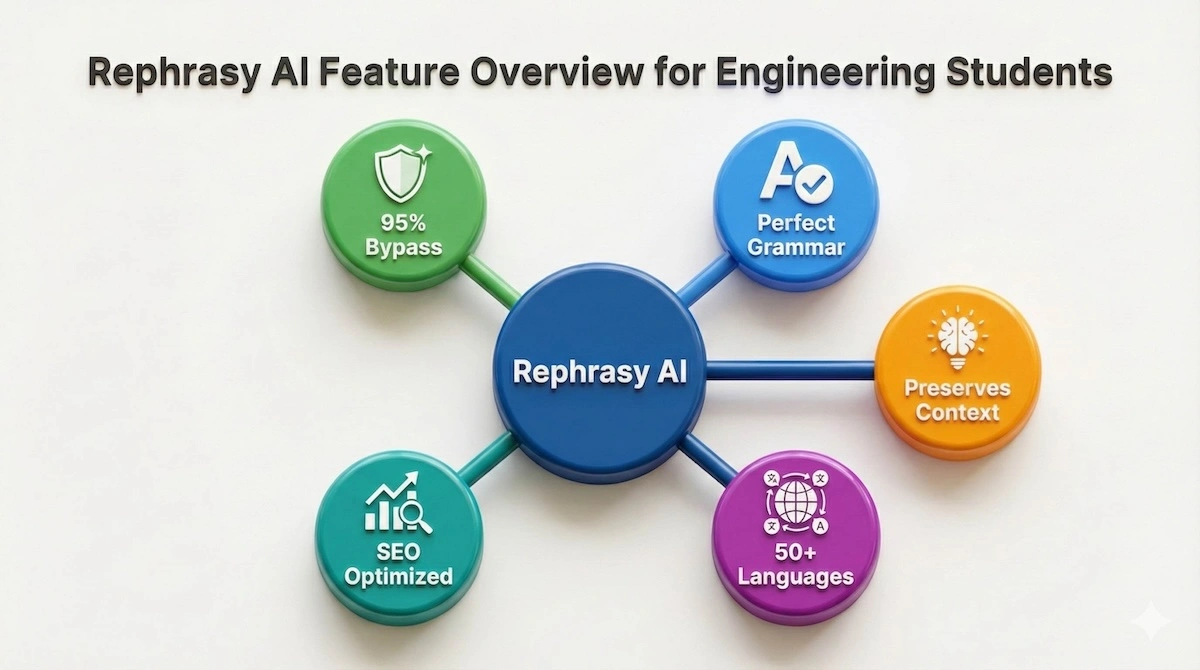 Infographic displaying key features of Rephrasy AI including detection bypass, grammar preservation, semantic integrity, multilingual support, and SEO optimization.