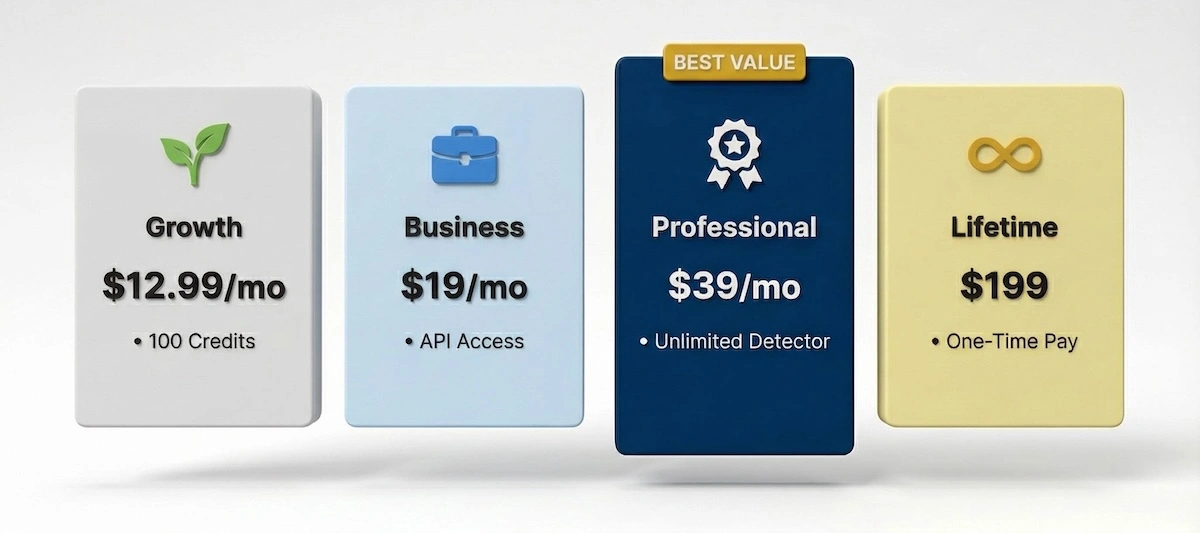 Rephrasy AI pricing tiers infographic showing Growth, Business, Professional, and Lifetime plans with costs.