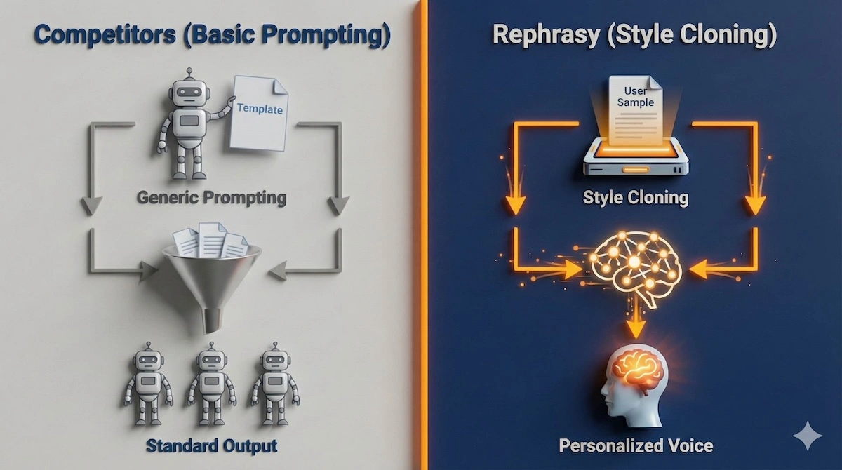 Comparison infographic showing the difference between generic AI prompting and Rephrasy AI style cloning technology which learns user writing patterns.