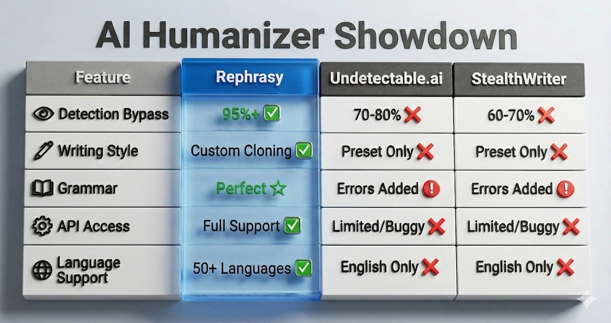 Comparison table of Rephrasy AI versus Undetectable.ai and StealthWriter showing bypass rates, style customization, and API features.