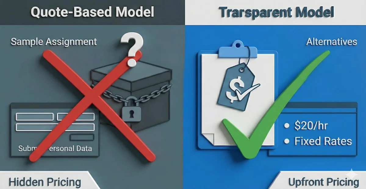 Comparison illustration showing hidden quote-based pricing versus transparent upfront pricing models for students.