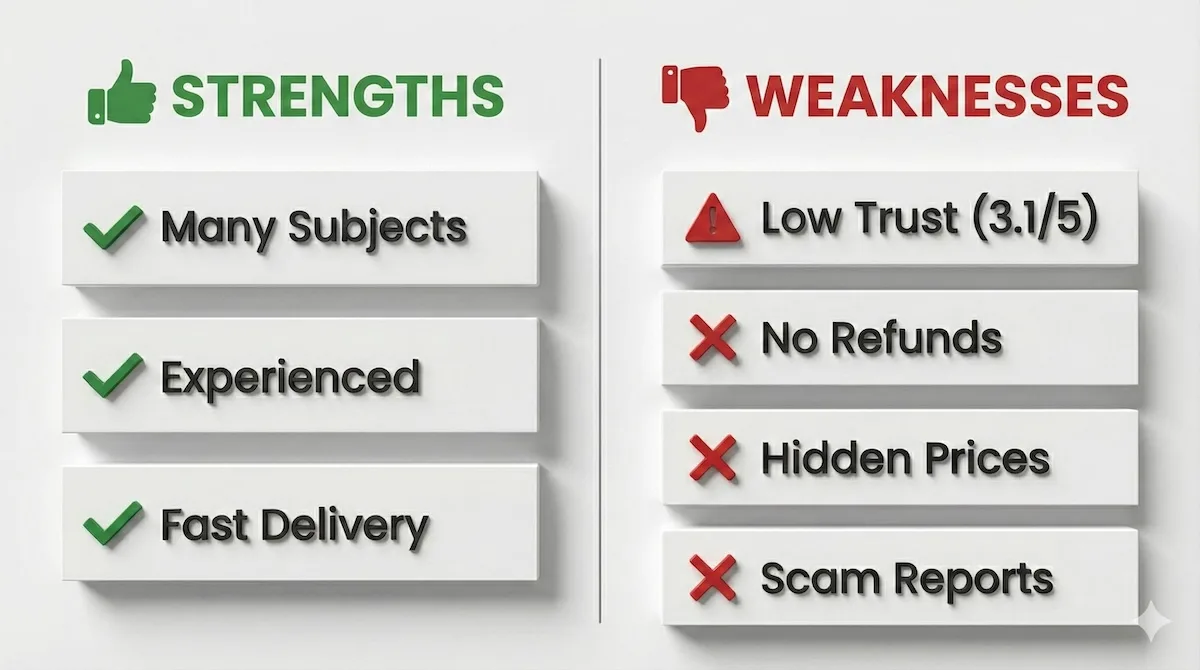 Pros and cons list for Sample Assignment highlighting low trust and hidden prices as major weaknesses.
