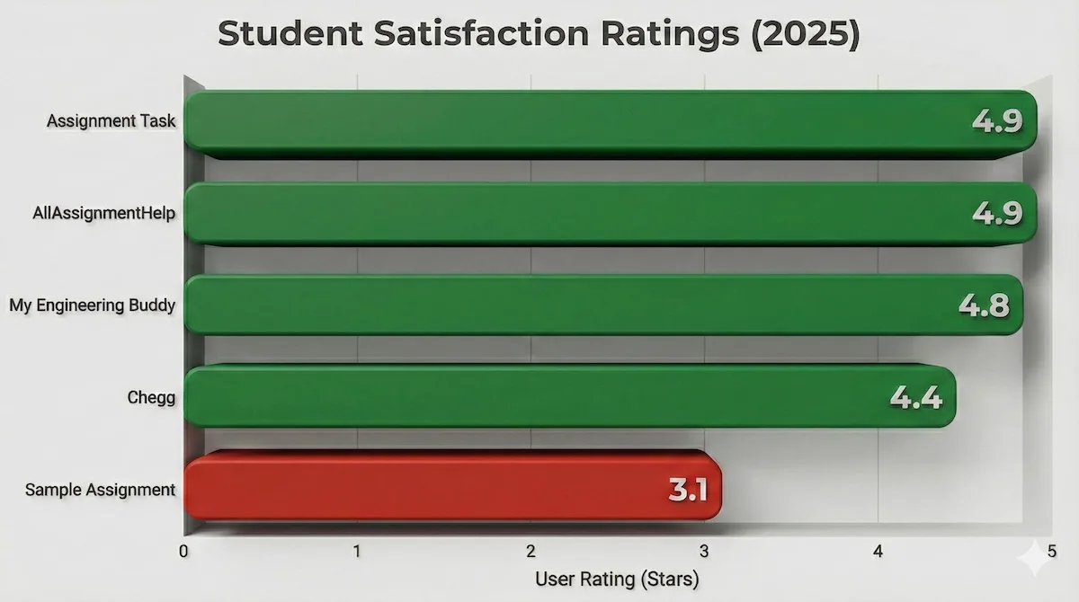 Bar chart comparing Sample Assignment 3.1 star rating against higher-rated alternatives like My Engineering Buddy and Chegg.