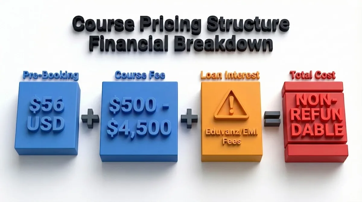 Financial breakdown of Skill-Lync pricing including pre-booking fees, course fees, and potential loan interest.