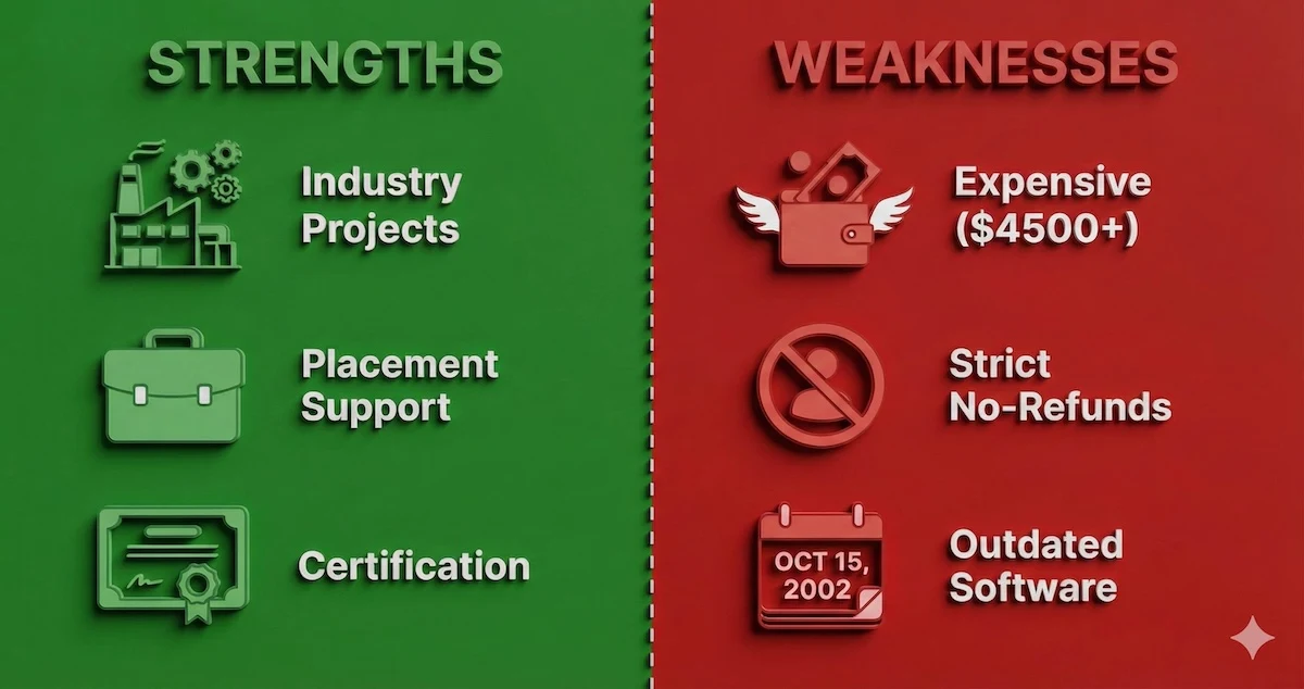 Comparison chart showing Skill-Lync strengths like industry projects versus weaknesses like no refunds and high cost.