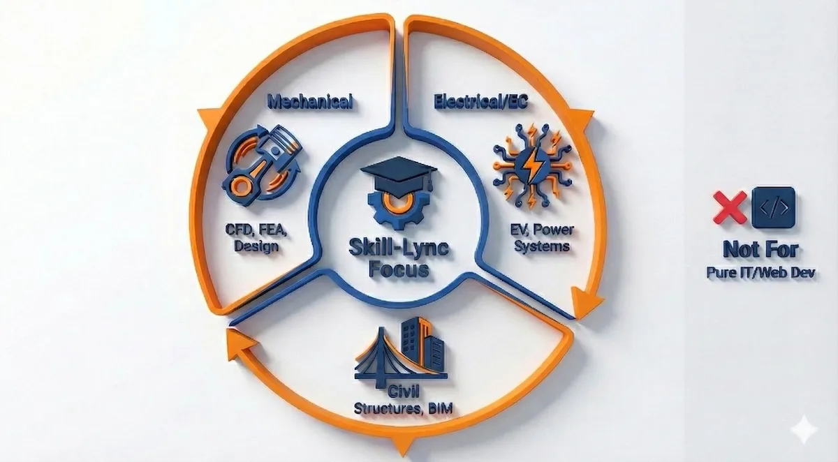 Concept illustration showing Skill-Lync focuses on mechanical, electrical, and civil engineering students rather than IT or software developers.