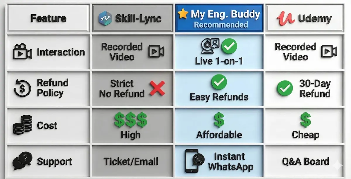 Comparison table of Skill-Lync vs My Engineering Buddy and Udemy, highlighting refund policies and live tutoring differences.