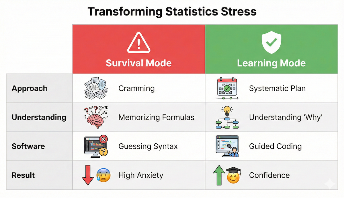 Comparison table showing the difference between survival mode (cramming, anxiety) and learning mode (systematic plan, confidence) in statistics.