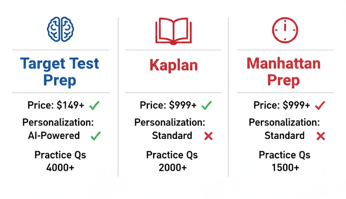 Comparison table of Target Test Prep vs Kaplan and Manhattan Prep showing TTP's lower price and higher question count.