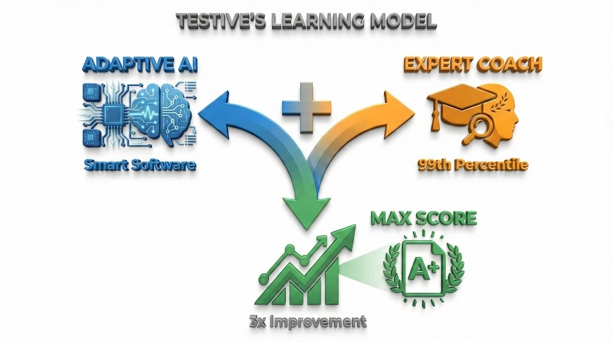 Illustration showing Testive's hybrid learning model combining adaptive AI technology and 99th percentile human coaches to achieve maximum score improvement.