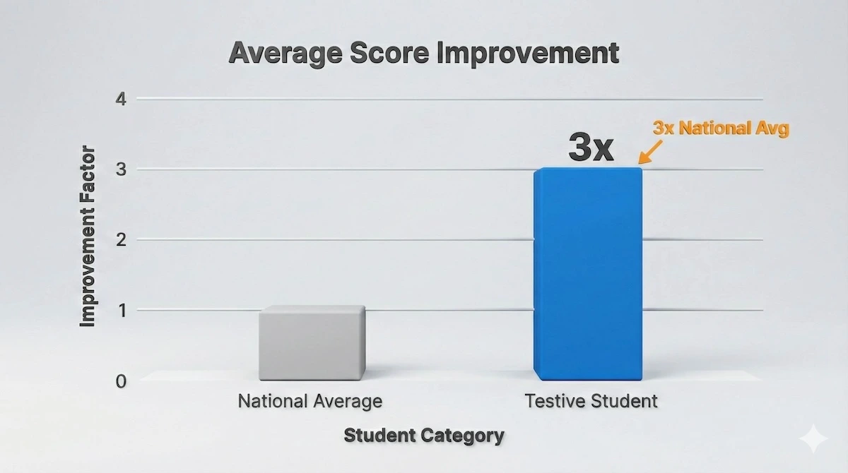 Bar chart showing Testive students achieve 3x the score improvement compared to the national average.