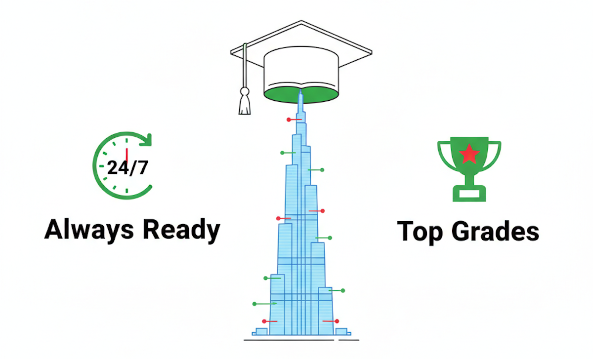 Visual illustration representing academic success in the UAE with engineering symbols and graduation motifs.