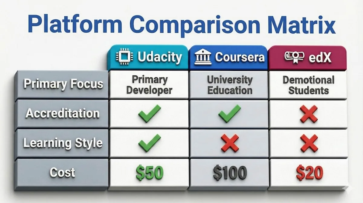 Comparison table showing differences between Udacity, Coursera, and edX regarding accreditation, cost, and learning style.