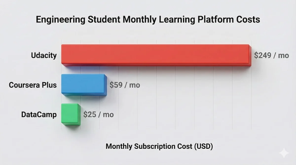 Bar chart comparing monthly subscription costs: Udacity ($249), Coursera Plus ($59), and DataCamp ($25).