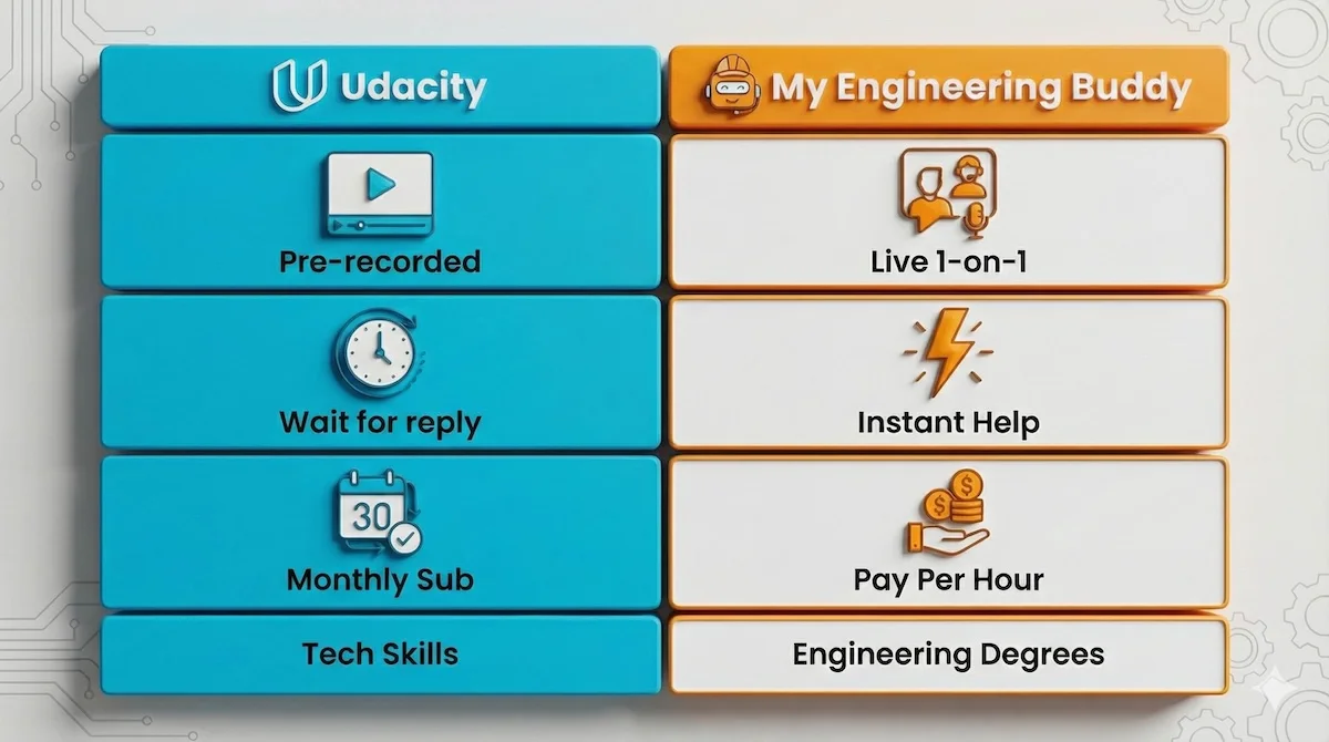 Comparison of Udacity vs My Engineering Buddy: Recorded video vs Live 1-on-1 tutoring, monthly subscription vs pay-as-you-go.