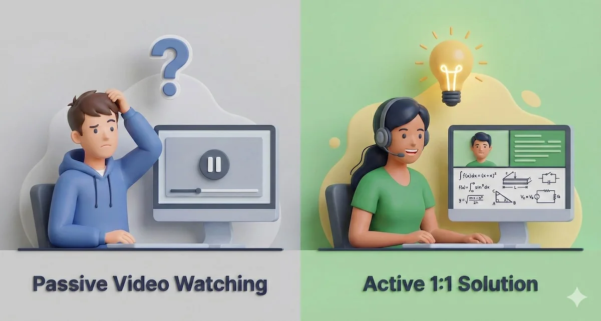 Illustration comparing passive learning on Pluralsight where a student watches videos alone versus active learning on My Engineering Buddy with a live tutor.